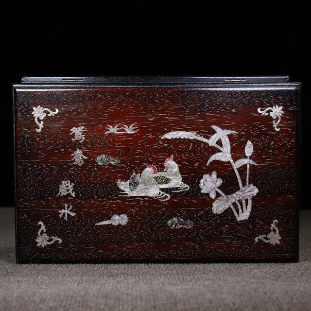 Dark Hardwood Storage Chest, Mother-of-Pearl Shell Inlay, Mandarin Ducks & Deer, Chinoiserie Decorative Treasure Box ## Dimensions For Sale - Image 4 of 10