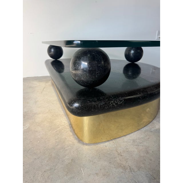 1980s 1980’s Postmodern Tessellated Stone and Brass Half-Moon Coffee Table With Glass Top/ Sold For Sale - Image 5 of 12