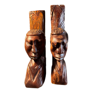 Vintage MCM African Hand-Carved Wood Bookends, Matched Pair, Mid Century Tribal Folk Art, 9 Inch - Rustic Primitive