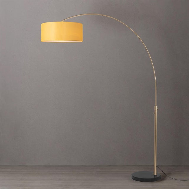 Mid-Century Modern 1960s Mid Century Modern Mustard Linen Floor Lamp - 92" Arc Lamp, Weathered Brass, Dimmable, Black Marble Base For Sale - Image 3 of 4