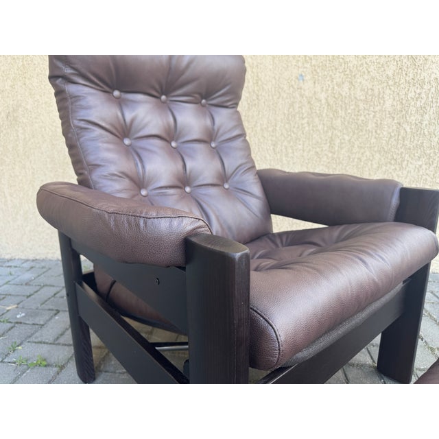 Beautifully restored vintage Ekornes Amigo recliner with matching ottoman, crafted in Norway and reupholstered in rich...