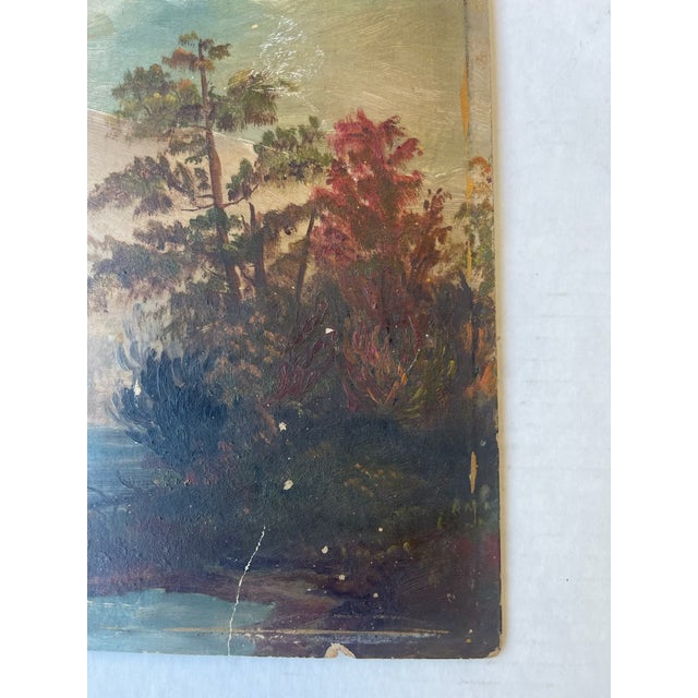 Likely 19th Century American Folk Landscape Painting on Artist's Board Featuring River, Forest, and Mountain Scene.. For Sale In Seattle - Image 6 of 10