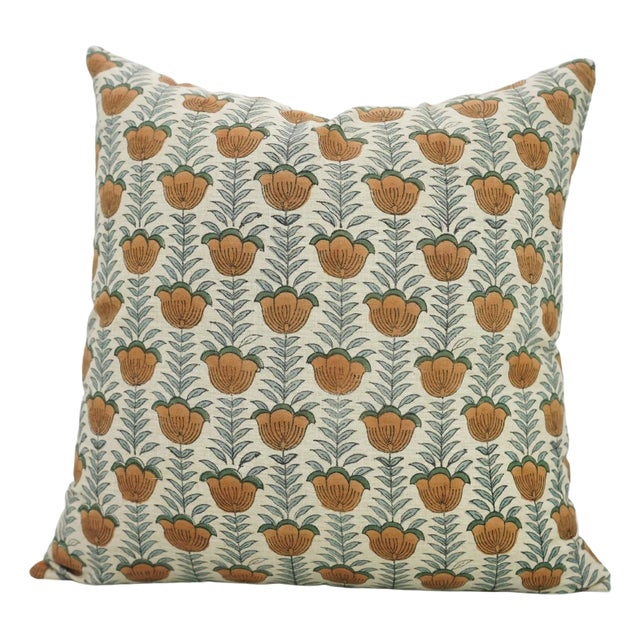 Fabdivine Handcrafted Block Lotus Print Linen Blend Cushion Cover- 20x20 For Sale
