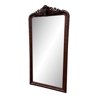 Antique French Renaissance Style Carved Oak Hunt Stag Pier Mirror Crown c.1880s For Sale