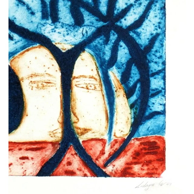 Delightful and bright aquatint etching of a sweet faced sun rising over a red terrain by Mexican artist Lidoyne, 2009....