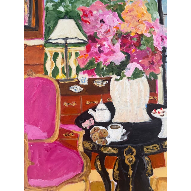 A luminous interior brimming with color and quiet luxury, this painting invites the viewer into an intimate moment of...