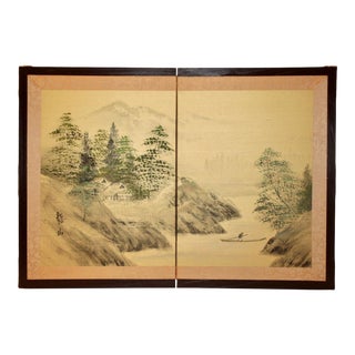 Vintage Asian Folding Artwork W/ Fisherman Village Scene For Sale