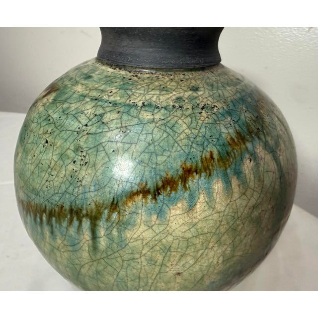 Vintage Signed Tom Neugebauer Black Green Drip Glaze Raku Blackware Pottery Vase For Sale - Image 9 of 14
