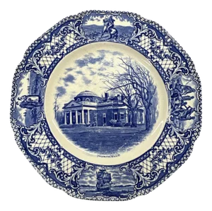 Rare Crown Ducal Blue and White Transferware Monticello Historical Plate, England