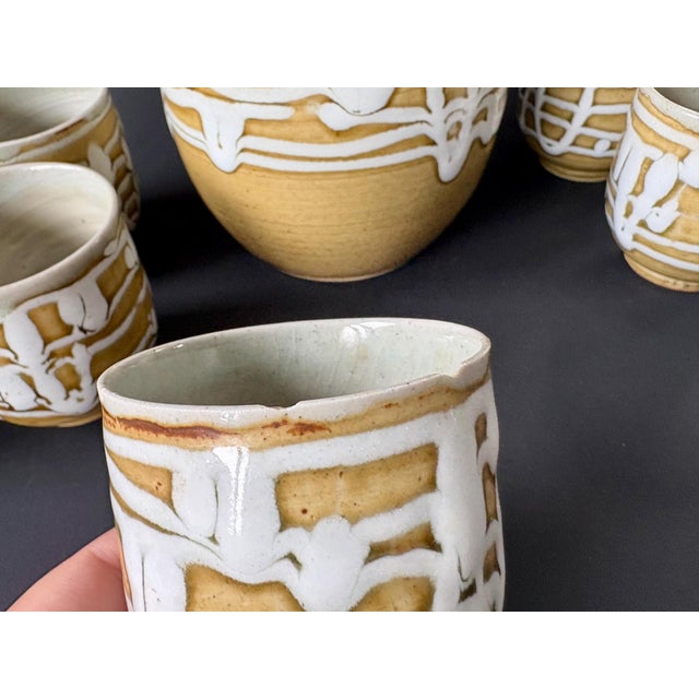 Vintage Japanese Stoneware Tea Set – Mid-Century Wicker Handle Teapot & Cups For Sale - Image 9 of 10