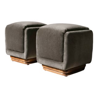 1970s Pair of Mohair Upholstered Solid Oak Base Ottomans For Sale