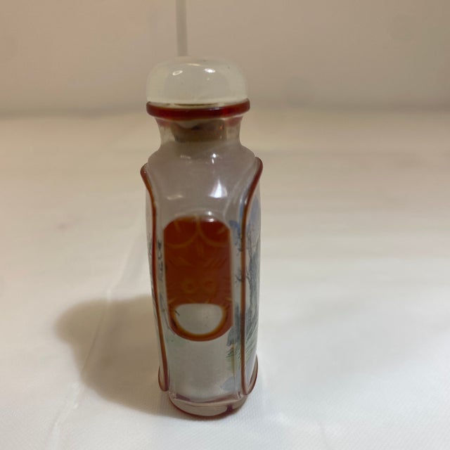 Vintage Asian Square Reverse Painted Crystal Snuff Bottle With Agate Stopper For Sale - Image 4 of 11