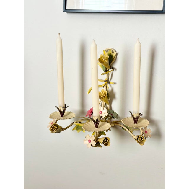 Vintage Floral Three-Candle Toleware Sconce For Sale - Image 9 of 9