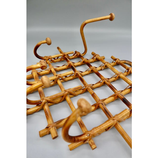 Vintage French Mid-Century Burnt Bamboo & Rattan 6-Hook Coat & Hat Rack, Wall Mount For Sale - Image 9 of 9