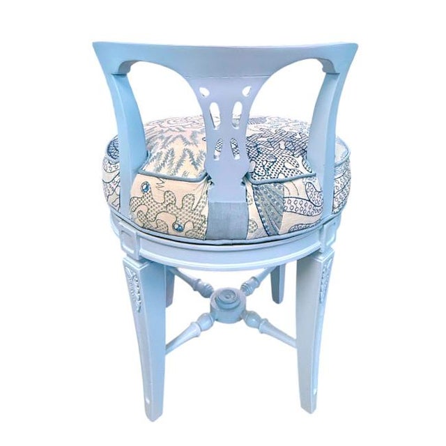 Vintage Vanity Stool in Benjamin Moore Soft Sky Blue With Cowtan & Tout Upholstery For Sale - Image 4 of 6