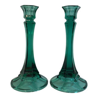 1940s Art Deco Pressed Indiana Glass Co. Candle Holders- a Pair For Sale
