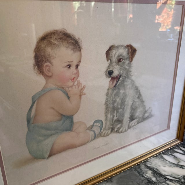 Wood Vintage Framed Charlotte Becker Print “Play Mates” Baby & Wire Fox Terrier For Sale - Image 7 of 9