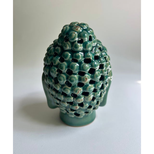 Vintage Pierced Glossy Green Glazed Ceramic Buddha Head For Sale - Image 10 of 16