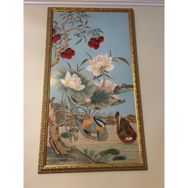 1990s 1990s Chinoiserie Oil on Silk Painting of Birds With Lotus Blooms by Chelsea - a Pair For Sale - Image 5 of 18