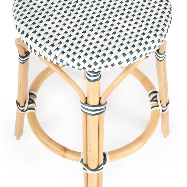 Tobias 24 in. Seat Height Round Rattan Backless Counter Stool, White/Navy Dot / Natural Rattan Frame For Sale In Chicago - Image 6 of 8