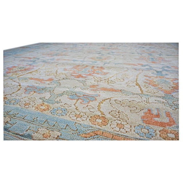 21st Century Turkish Wool Donegal 10X13 Ivory, Blue & Orange Handmade Area Rug #1140172 For Sale In Houston - Image 6 of 7