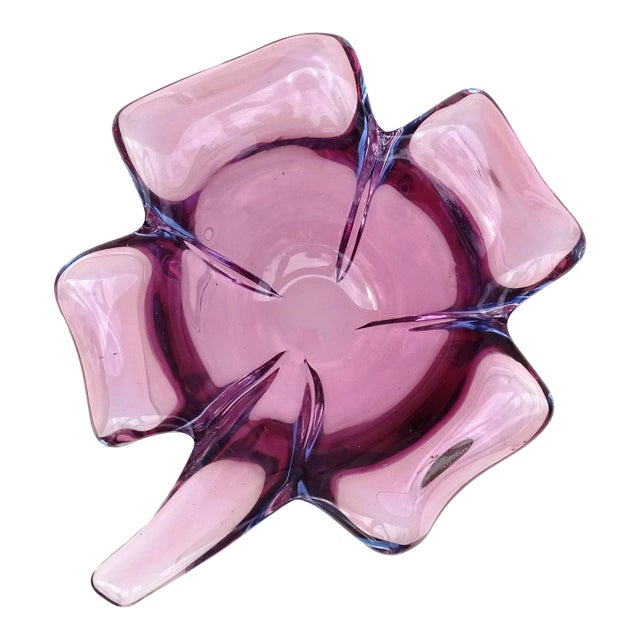 Barbini Murano Vintage Sommerso Purple Blue Italian Art Glass Four Leaf Clover Decorative Bowl Dish For Sale