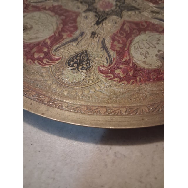 F-004, Mid-Century Indo-Persian Etched Brass Wall Plate With Crimson Lacquer For Sale - Image 4 of 12