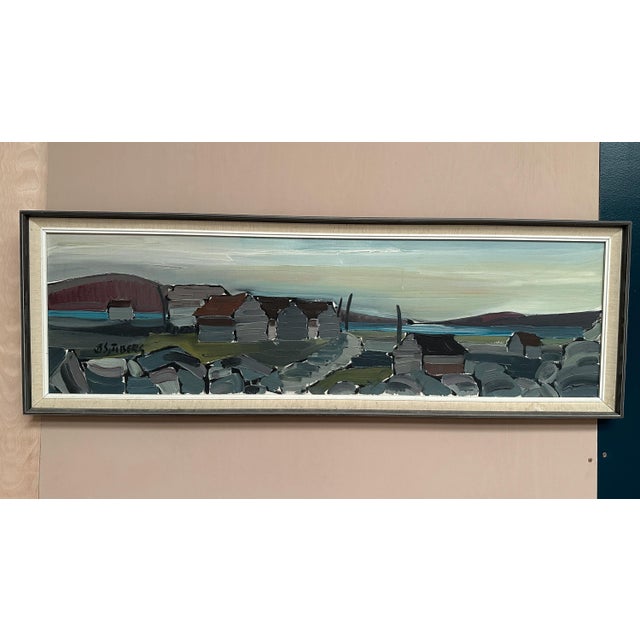 XL Original Swedish Oil on Canvas – “Coastal Village” by Bo Sjöberg – Signed – Vintage & Framed – 127.5 × 42.5 cm (50.2" ×...