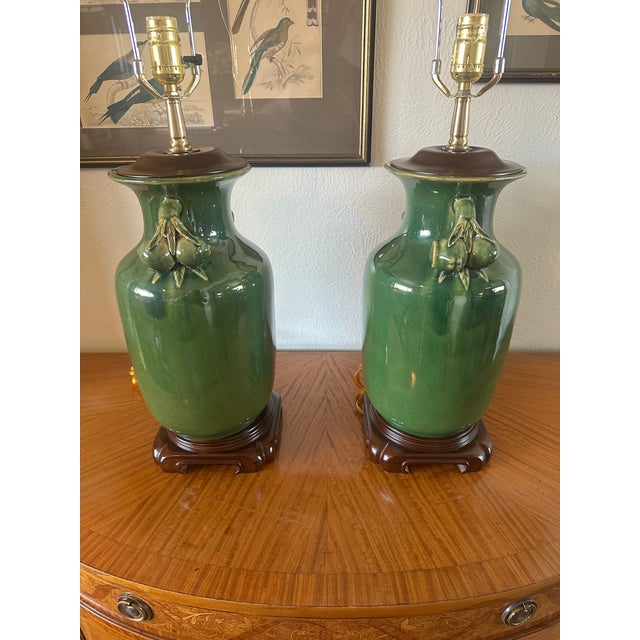 Vintage Green Glazed Ceramic Urn Lamps With Sculptural Fruit Handles - a Pair For Sale - Image 4 of 8