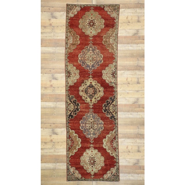 Brick Red Vintage Turkish Oushak Rug, 03'07 X 11'08 For Sale - Image 8 of 9