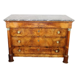French Empire Commode: Burled Walnut With Marble Top For Sale