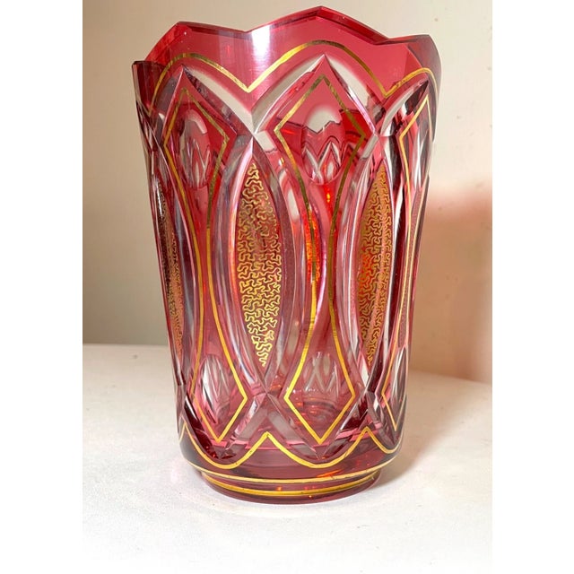Up for sale is a wonderful antique cut to clear Czechoslovakia Bohemian crystal vase. It's cut out of very thick ruby red...
