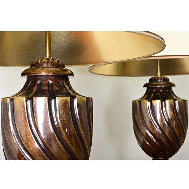 French Pair of Vintage Heavy Brass Urn Table Lamps For Sale - Image 12 of 12