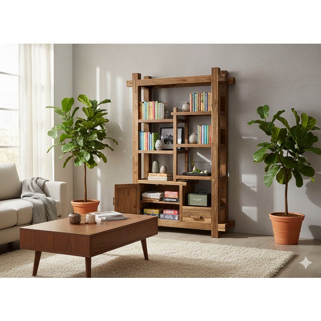 1980s Rustic Thick Bold Wood Multi-Shelves Display Cabinet Bookcase Room Divider For Sale In San Francisco - Image 6 of 18