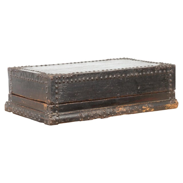 Indian 19th Century Black Box with Iron Nailheads, Braces and Rustic Patina For Sale - Image 13 of 13