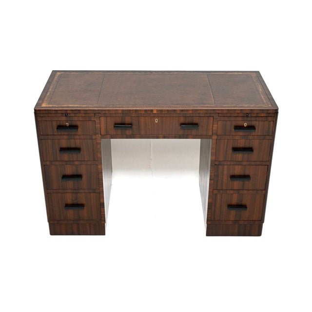 Art Deco Figured Walnut Pedestal Desk with Leather Top, 1930 For Sale - Image 3 of 11