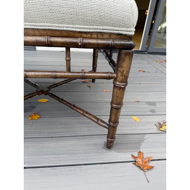 Traditional Pair of Upholstered Ottomans With Faux Bamboo Frames For Sale - Image 3 of 6