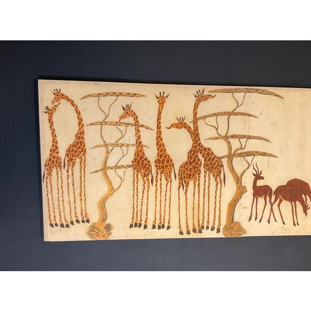 Wood Vintage Large African Batik on Stretcher Artist Signed Wall Art Giraffes and Kudus For Sale - Image 7 of 13