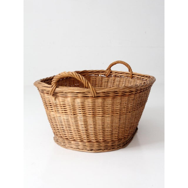 Antique Wicker Laundry Basket With Handles For Sale - Image 4 of 12