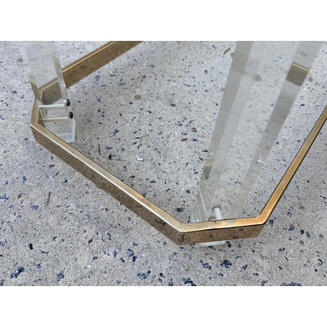 Hollywood Regency Console Table Lucite Pillars Brass Frame in the Manner of Charles Hollis Jones For Sale - Image 9 of 17