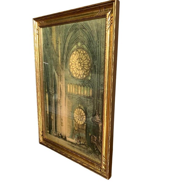 Wood Antique American Arts Co. Ny Colored Etching Print of "Reims Cathedral" in Gilded Frame For Sale - Image 7 of 9