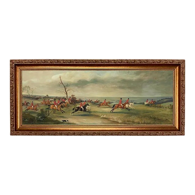 Fox Hunt Panoramic Landscape Scene Framed Oil Painting Print on Canvas, Gold Frame For Sale