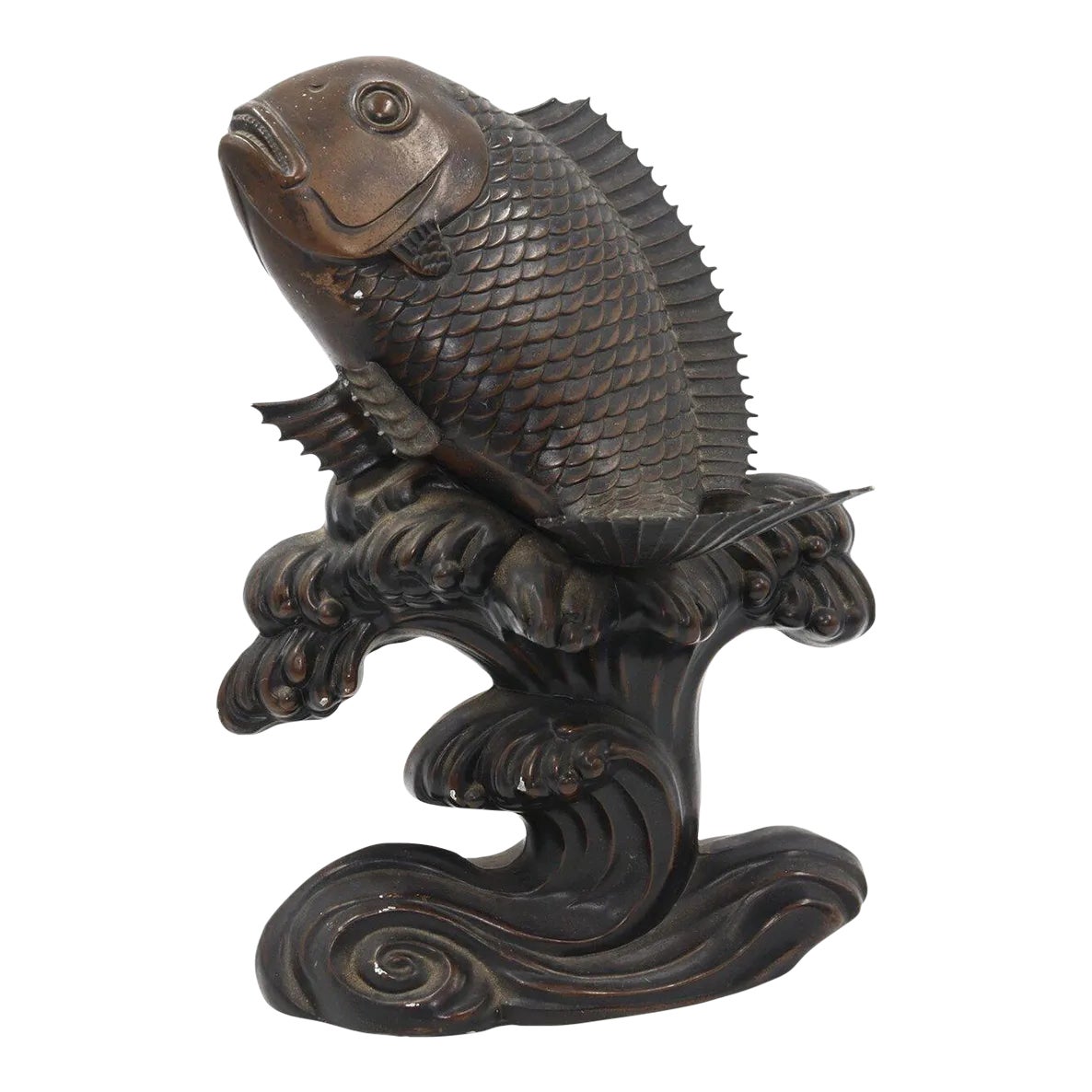 Meiji Early 1900s Japanese Bronze Fish Carp Sea Bream Koi Waves Sea on