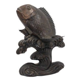 Meiji Early 20th C Japanese Bronze Fish Carp Sea Bream Koi Waves Sea on Stand Large Metal Vintage Antique For Sale