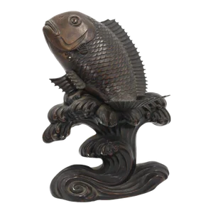 Meiji Early 20th C Japanese Bronze Fish Carp Sea Bream Koi Waves Sea on Stand Large Metal Vintage Antique
