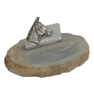 Vintage English Silver and Agate Horse Racing Themed Ashtray, 1956 For Sale