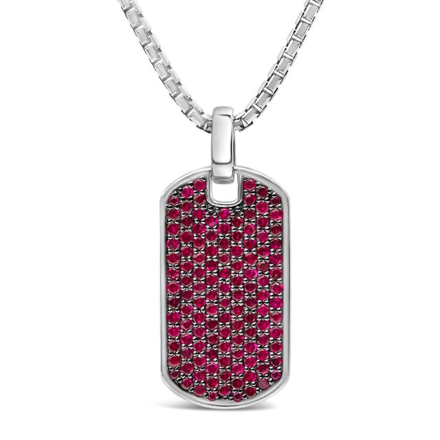 Contemporary Men's .925 Sterling Silver Created Red Ruby Dog Tag Pendant Necklace - 22" Inches For Sale - Image 3 of 5