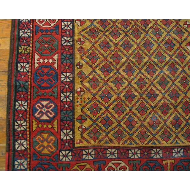 1890s Yellow Geometric Tribal Antique Caucasian Kazak Rug 4'0" X 7'4" Handknotted Wool Carpet For Sale - Image 4 of 5