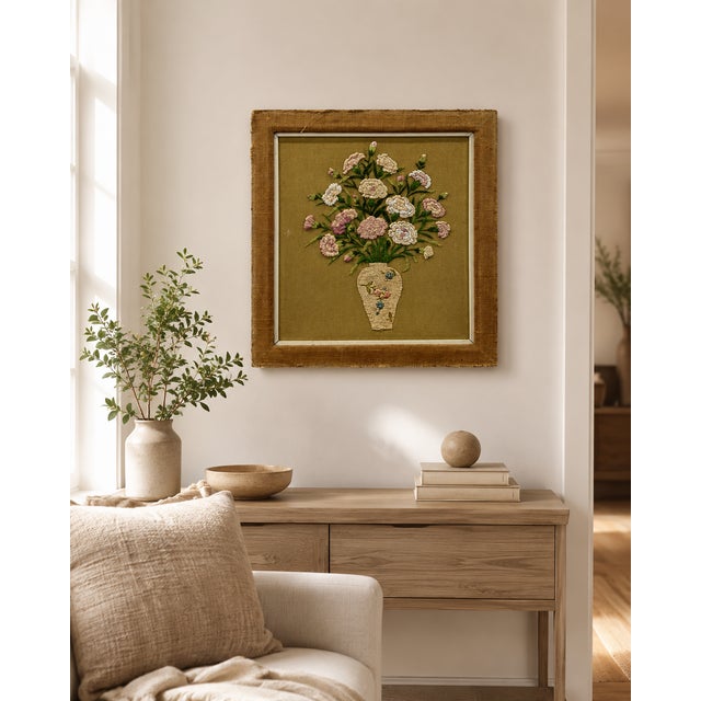 Vintage Floral Crewel Embroidery Wall Art With Burlap Border Kindly note photo number two (2) is a digital rendering...