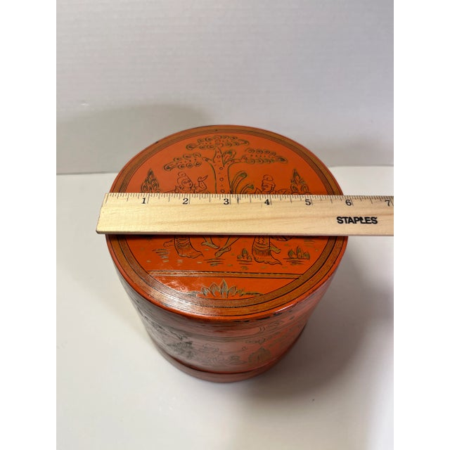 Red Antique Burmese Red Lacquered Hand-Painted Betel Box "Kun-It" With Two Plates For Sale - Image 8 of 8